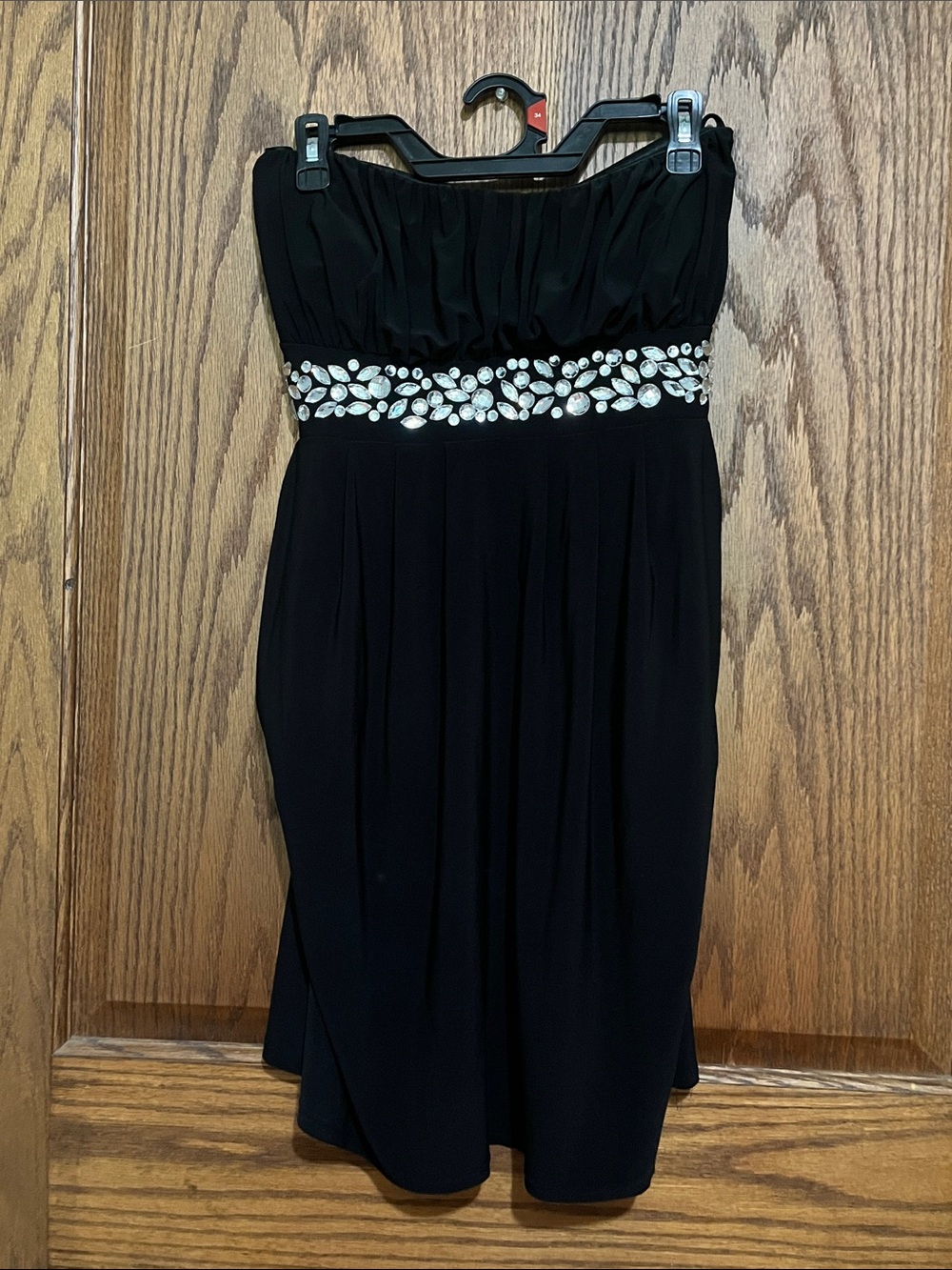 Strapless Black Cocktail Dress with Jeweled Waistband